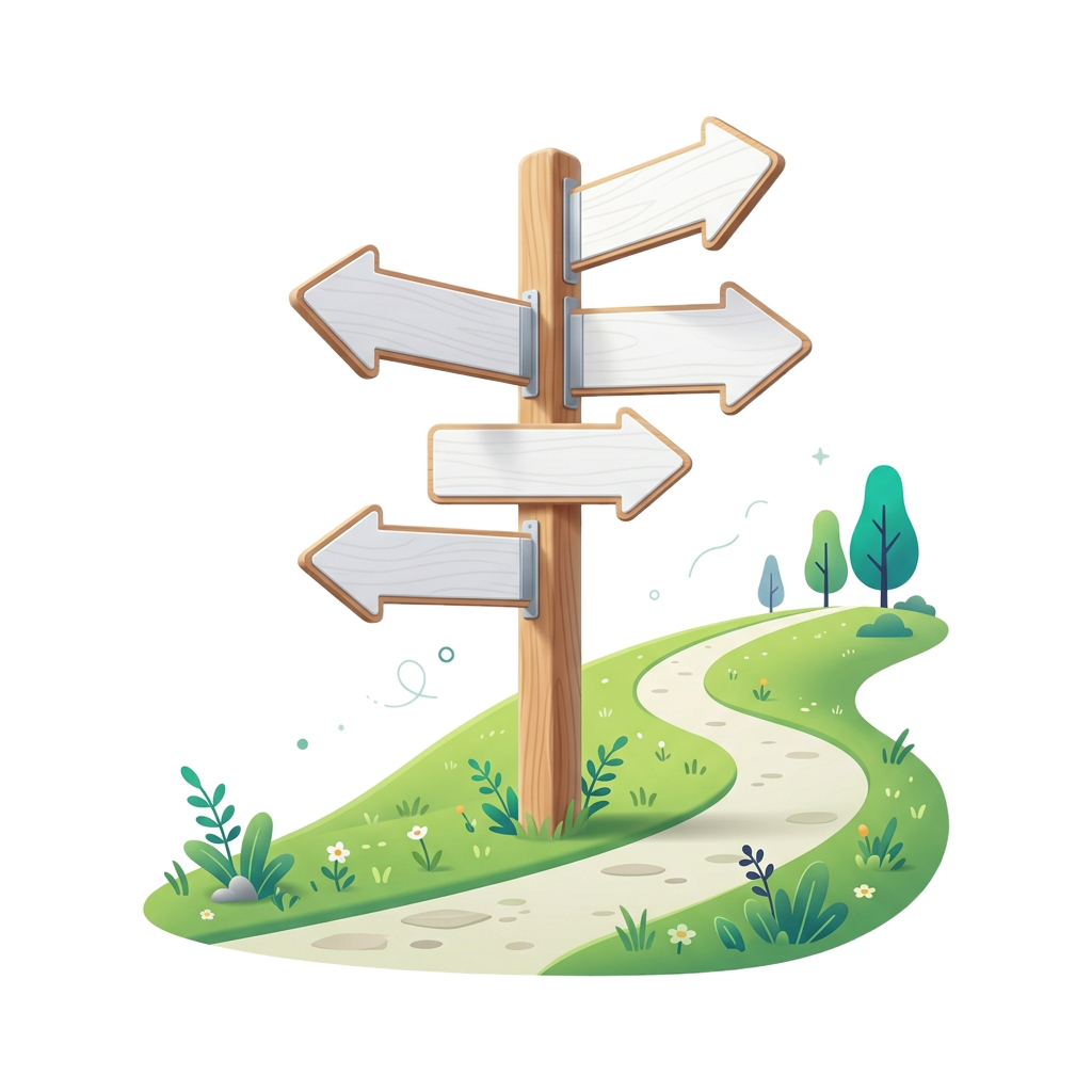 Illustrated direction signpost with green landscape path symbolizing student journey